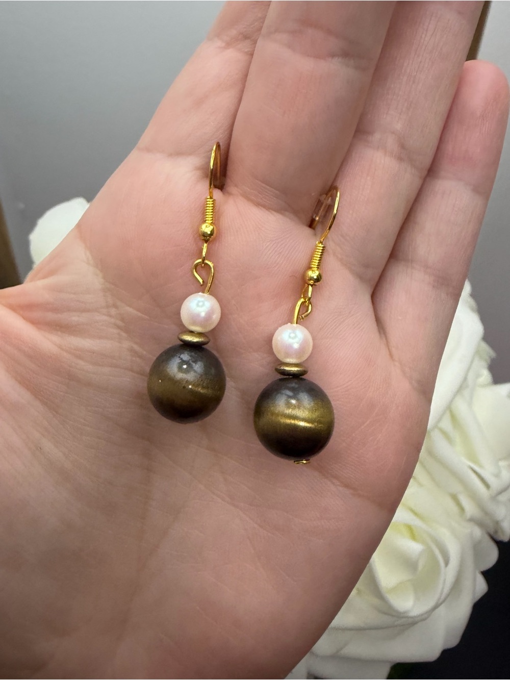 Gold and Brown Pearl Drop Earrings - Elegant Women’s Jewelry